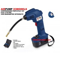 AIRPUMP X3MODELS - COMPRESSORE PORTATILE 12V 8 bar (116 PSI) CON MANOMETRO INTEGRATO - BATTERIA NiCd 1300 mAh, CARICABATTERIE 22