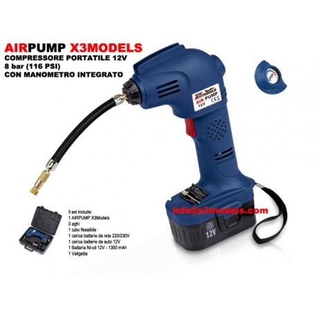 AIRPUMP X3MODELS - COMPRESSORE PORTATILE 12V 8 bar (116 PSI) CON MANOMETRO INTEGRATO - BATTERIA NiCd 1300 mAh, CARICABATTERIE 22
